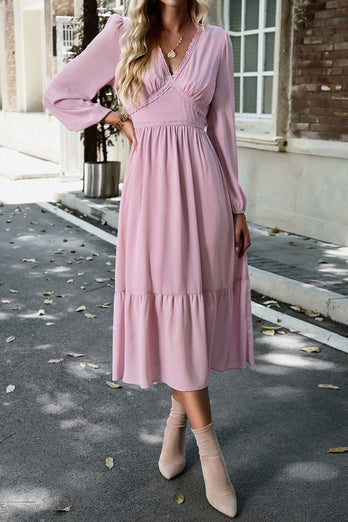 Pink Long Sleeves A Line Casual Dress