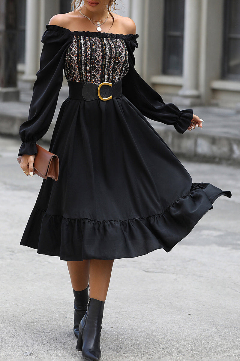 Load image into Gallery viewer, Black Off the Shoulder Long Sleeves Casual Dress with Belt