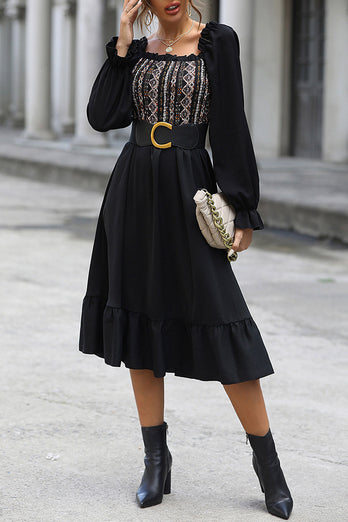 Black Off the Shoulder Long Sleeves Casual Dress with Belt