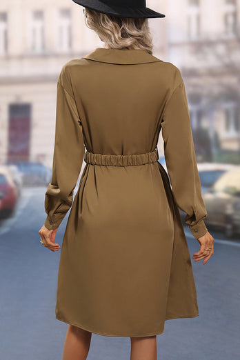 Long Sleeves Brown Casual Dress with Belt