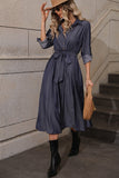 A Line Long Sleeves Navy Casual Dress with Belt