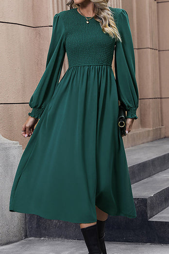 Long Sleeves Green Casual Dress with Pleated