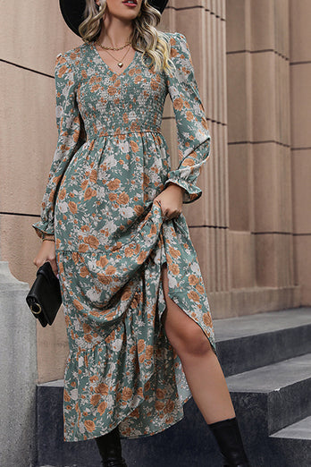 V-neck Green Printed Long Sleeves Casual Dress with Pleated
