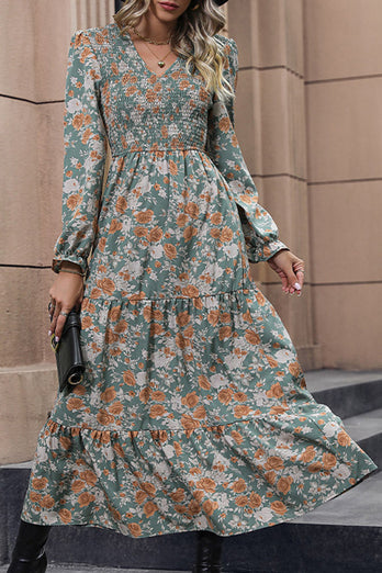 V-neck Green Printed Long Sleeves Casual Dress with Pleated