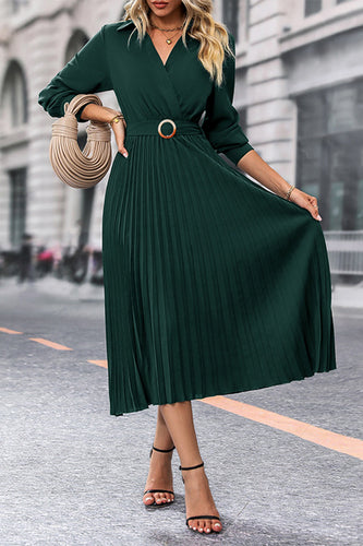 Dark Green Long Sleeves Casual Dress with Belt