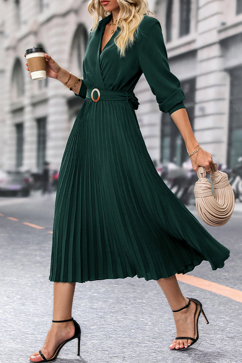 Load image into Gallery viewer, Dark Green Long Sleeves Casual Dress with Belt