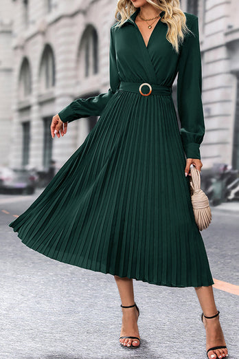 Dark Green Long Sleeves Casual Dress with Belt