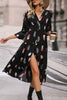 Load image into Gallery viewer, Black Feathers Print Long Sleeves Casual Dress with Slit