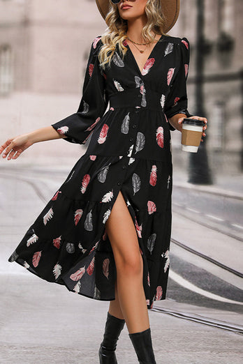 Black Feathers Print Long Sleeves Casual Dress with Slit