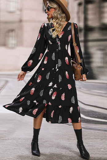 Black Feathers Print Long Sleeves Casual Dress with Slit