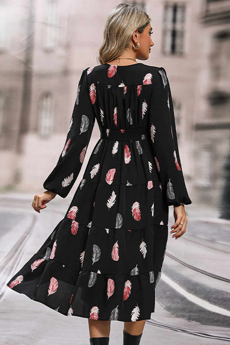 Load image into Gallery viewer, Black Feathers Print Long Sleeves Casual Dress with Slit