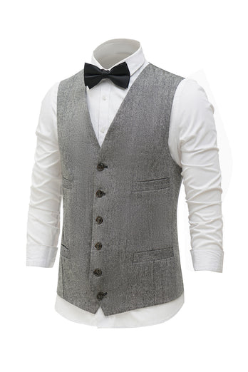 Grey Solid Single Breasted Shawl Lapel Men's Suit Vest