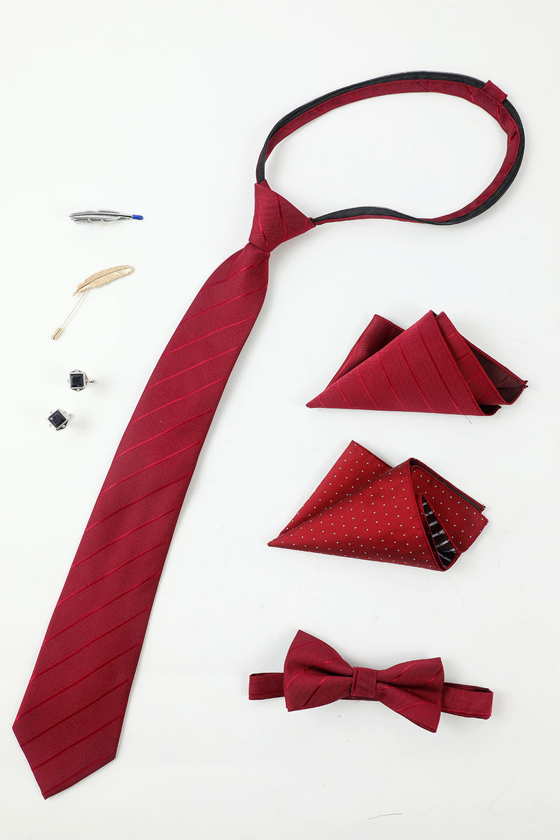 Load image into Gallery viewer, Burgundy Men&#39;s Accessory Set Tie and Bow Tie Two Pocket Square Lapel Pin Tie Clip Cufflinks