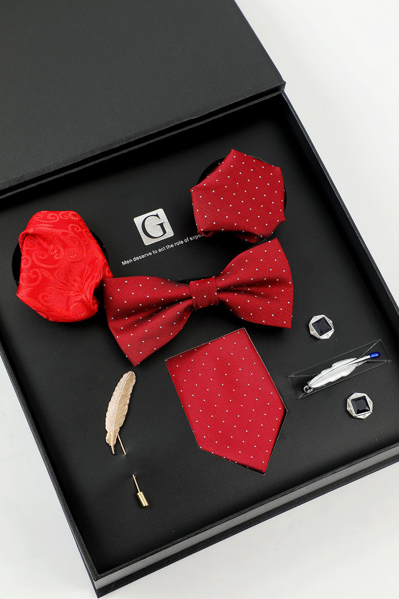 Load image into Gallery viewer, Red Men&#39;s Accessory Set Tie and Bow Tie Two Pocket Square Lapel Pin Tie Clip Cufflinks