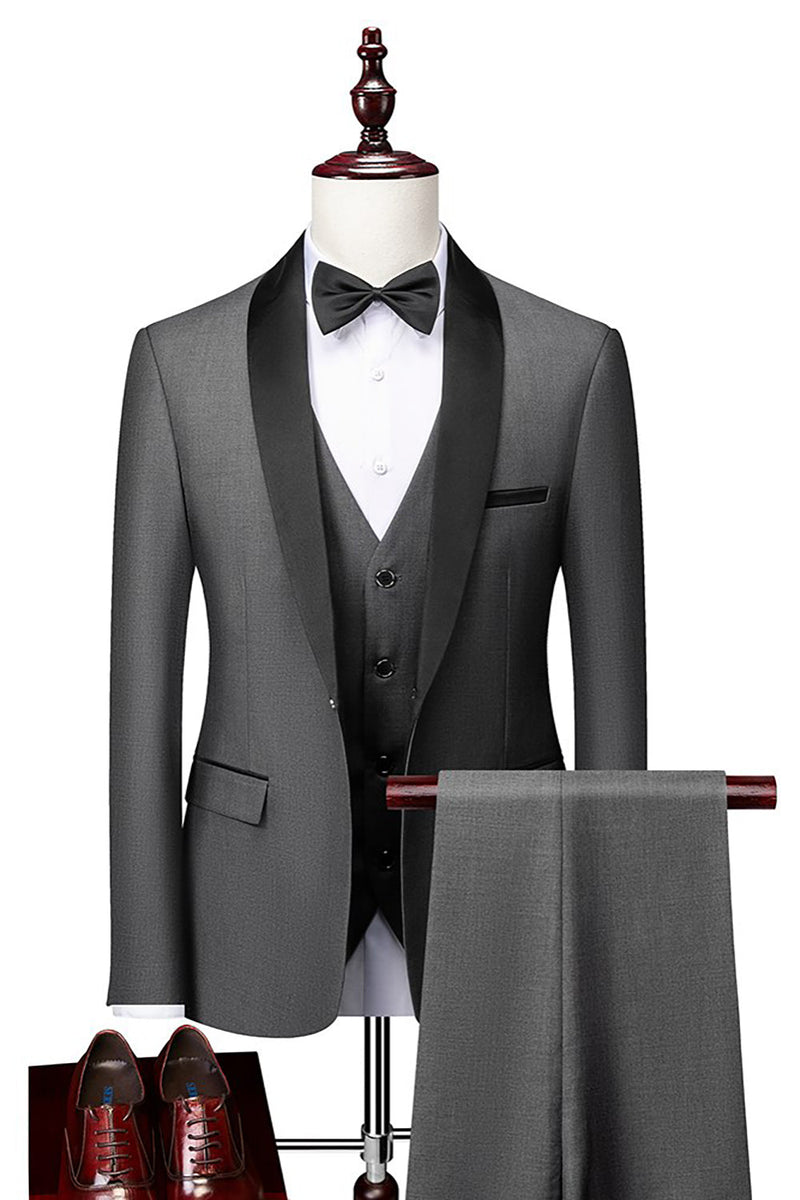 Zapaka Grey Shawl Lapel Men's 3 Pieces Suits One Button Formal Party ...
