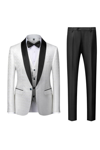 Black Shawl Lapel Jacquard 3 Pieces Men's Suits