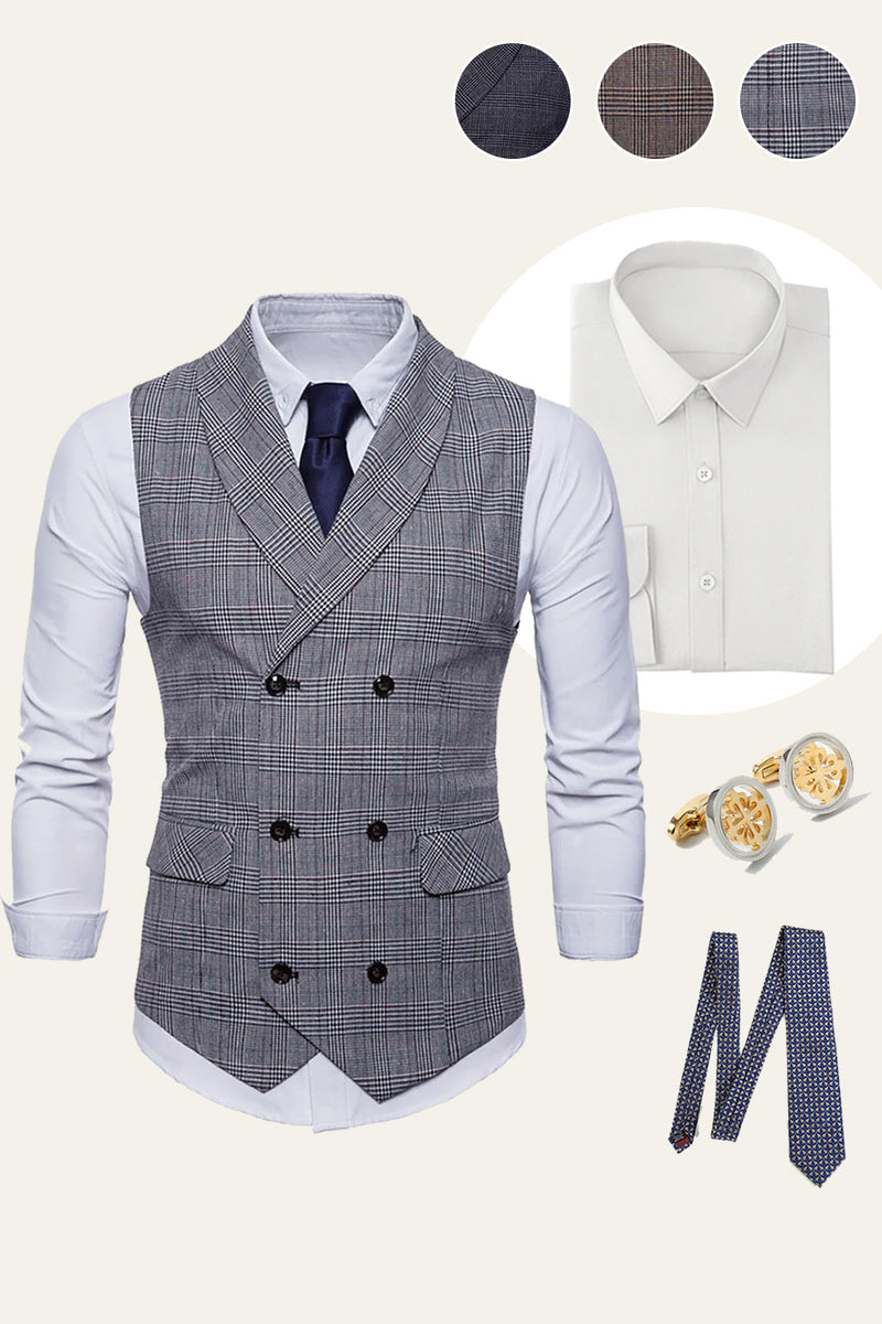 Load image into Gallery viewer, Grey Plaid Men&#39;s Vests with Shirts Accessories Set