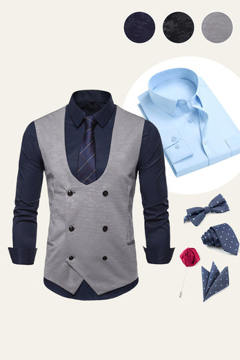 Black Double Breasted Men Vest with Shirt Accessories Set