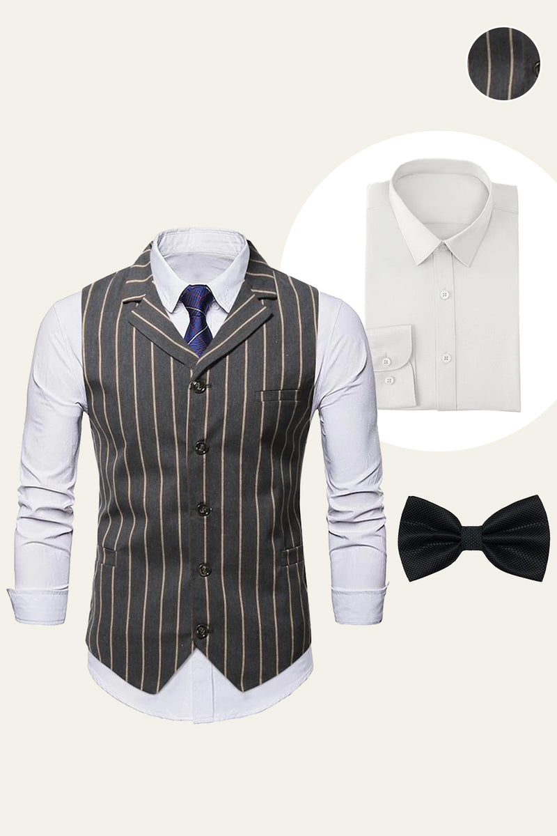 Load image into Gallery viewer, Dark Grey Striped Notched Lapel Men Vest with Shirt Accessories Set