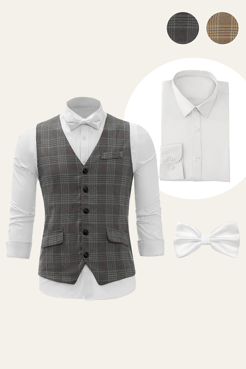 Load image into Gallery viewer, Grey Plaid Shawl Lapel Men&#39;s Vest with Shirt Accessories Set
