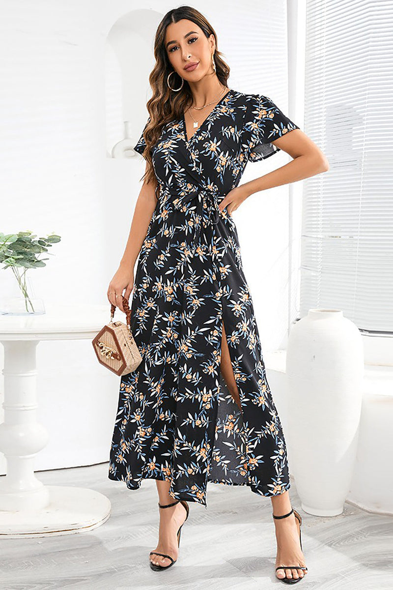 Load image into Gallery viewer, V Neck Black Floral Printed Summer Dress with Silt