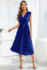 Load image into Gallery viewer, V Neck Blue Tea Length Wedding Guest Party Dress