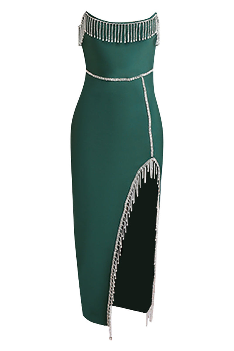 Load image into Gallery viewer, Dark Green Strapless Semi Formal Dress with Slit