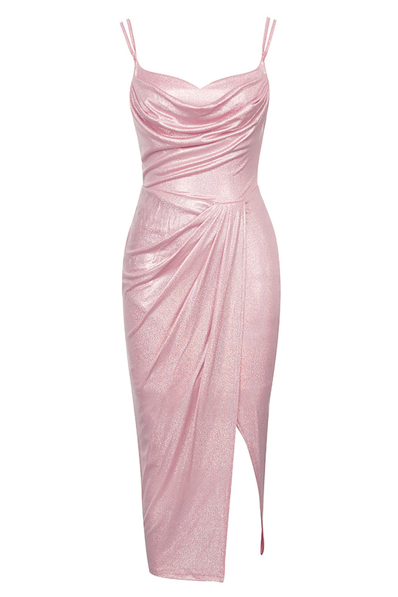 Load image into Gallery viewer, Spaghetti Straps Pink Sparkly Cocktail Dress with Slit