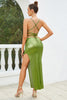 Load image into Gallery viewer, Green Ruffles Sparkly Cocktail Dress with Slit