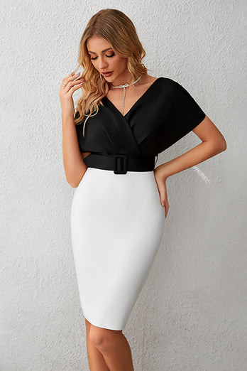 Black and White Bodycon V-Neck Cocktail Dress With Belt
