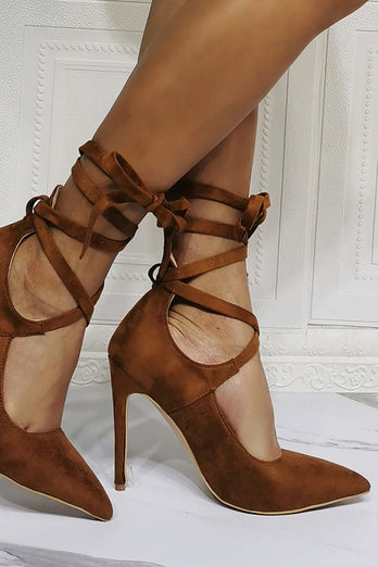 Brown Strappy Stiletto Pointed Toe Shoes