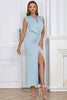 Load image into Gallery viewer, Light Blue Sleeveless Ruched Long Cocktail Dress With Slit