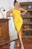 Load image into Gallery viewer, Yellow One Shoulder Bodycon Cocktail Dress with Slit