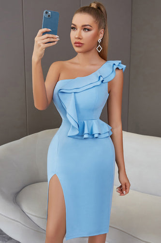 One Shoulder Blue Tight Cocktail Dress with Pleated
