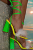 Load image into Gallery viewer, Green Strappy Chunky Heels With Feather