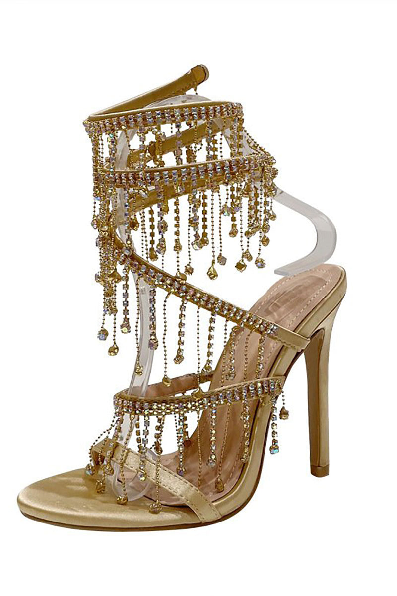 Load image into Gallery viewer, Golden Sparkly Strappy High Heeled Sandals With Tassel