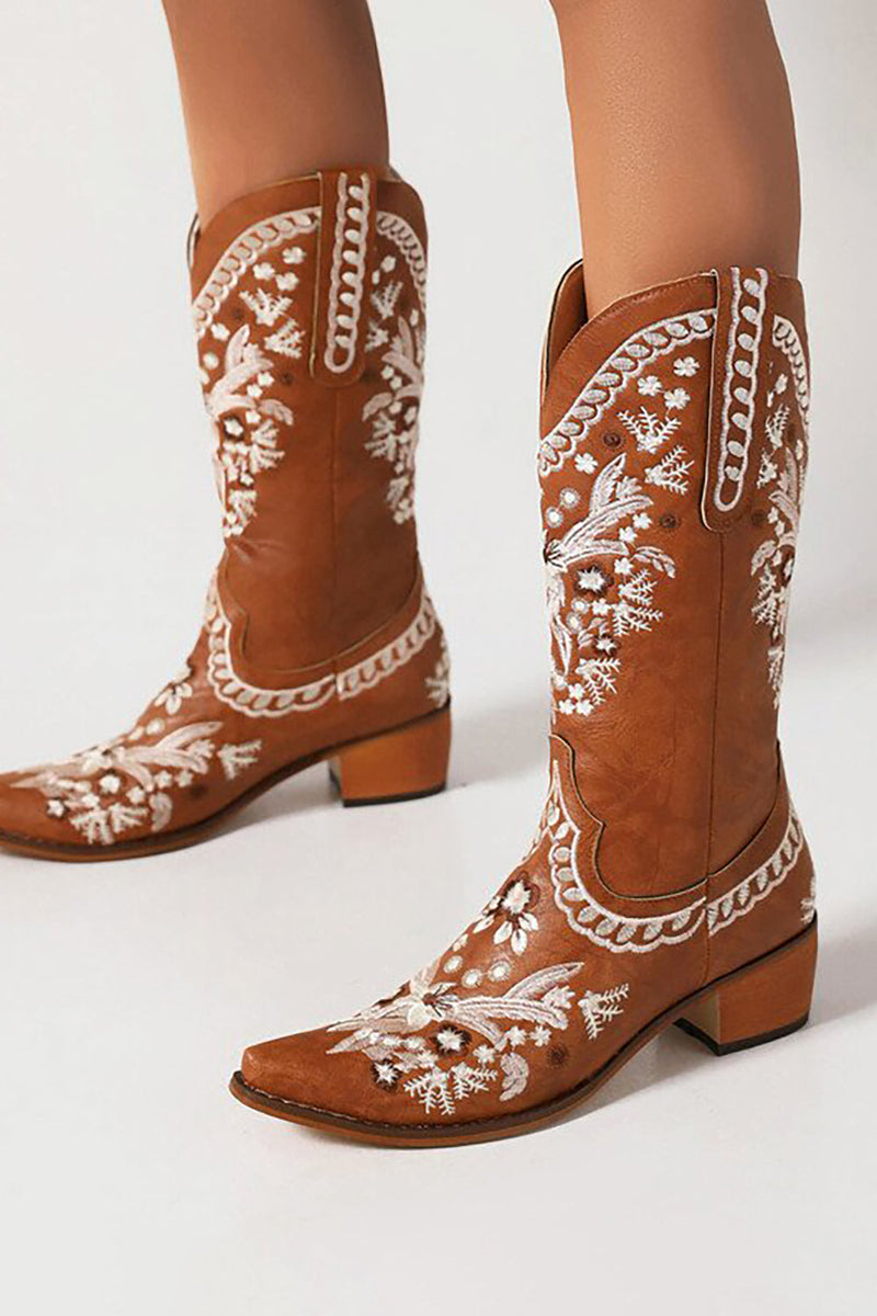 Load image into Gallery viewer, Brown Embroidered Mid Calf Boho Boots