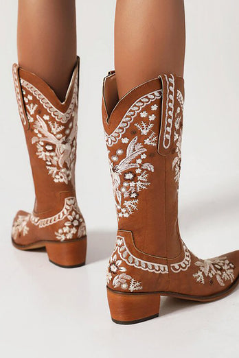 Brown Embroidered Mid Calf Boho Boots