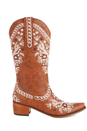 Brown Embroidered Mid Calf Boho Boots