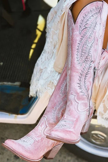 Dusty Rose Embroidered Mid Calf Cowgirl Boho Boots