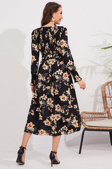 Flower Printed Black Casual Dress with Long Sleeves
