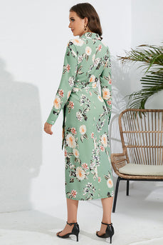 Flower Printed Green Casual Dress with Long Sleeves