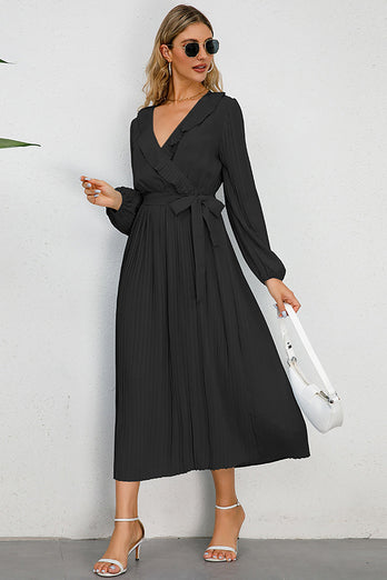 Long Sleeves Black Casual Dress with Ruffles