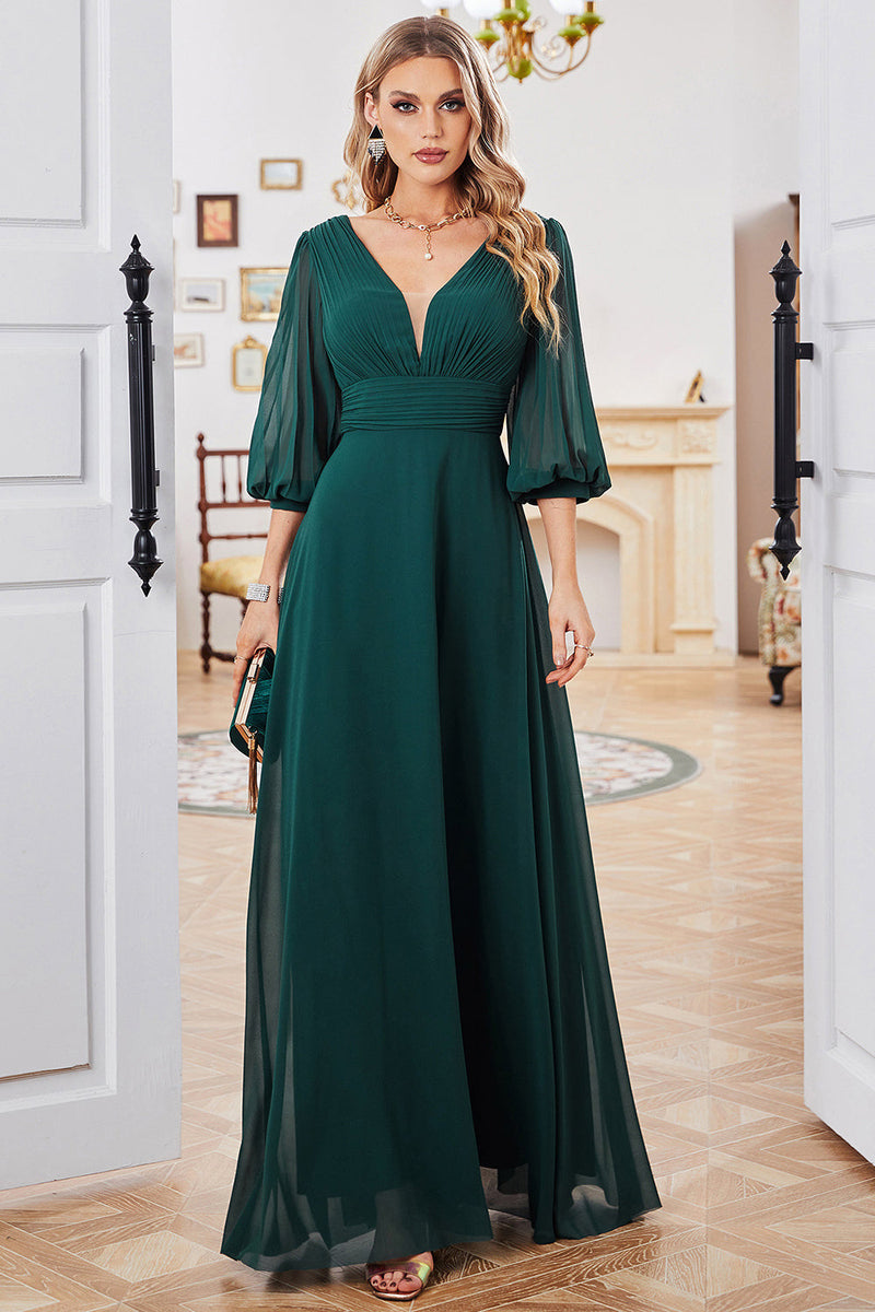 Load image into Gallery viewer, Dark Green A-line Long Sleeves V-neck Mother of Bride Dress