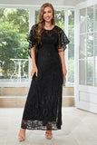 Black Lace A-line Round Neck Short Sleeves Mother of Bride Dress