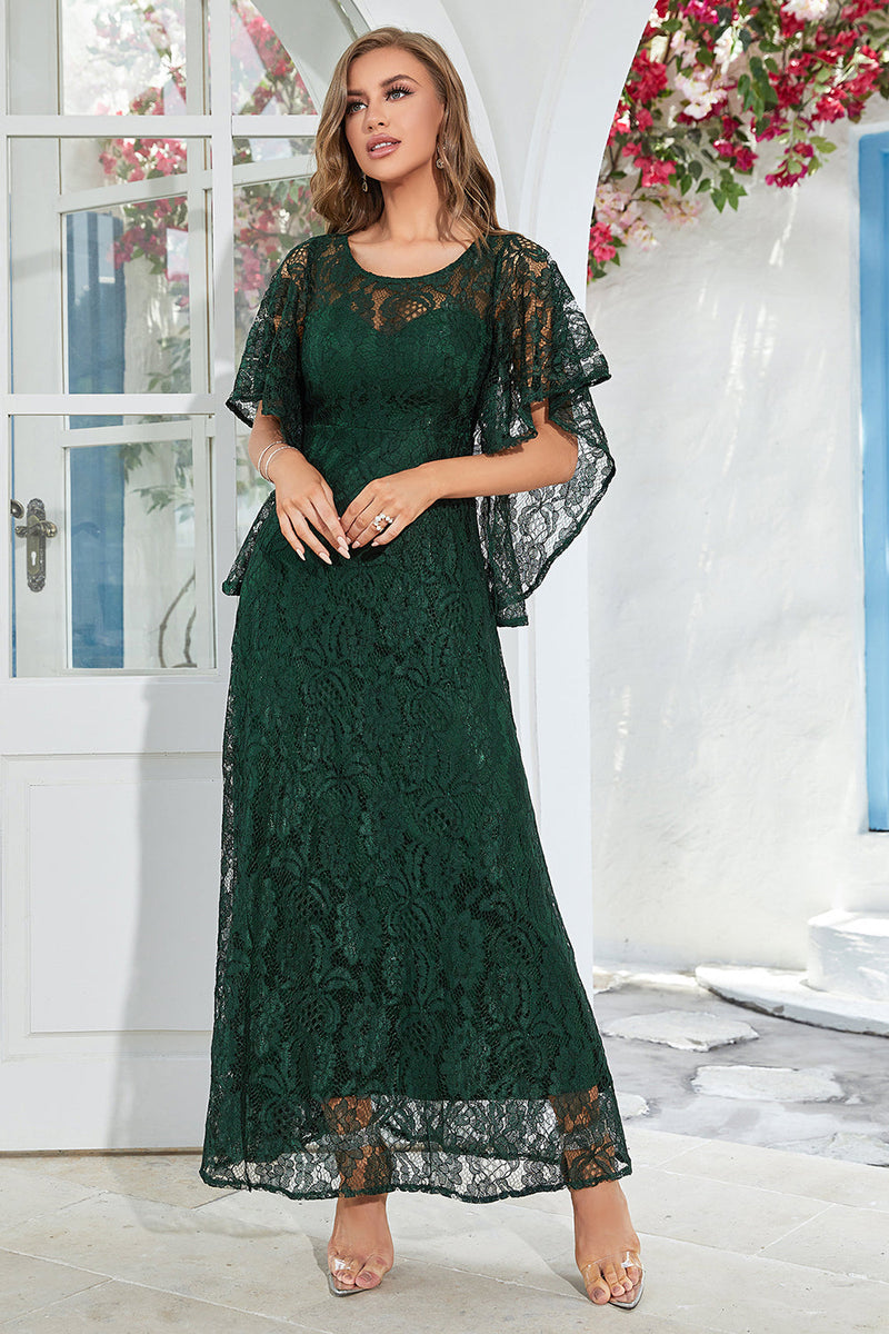 Load image into Gallery viewer, Black Lace A-line Round Neck Short Sleeves Mother of Bride Dress