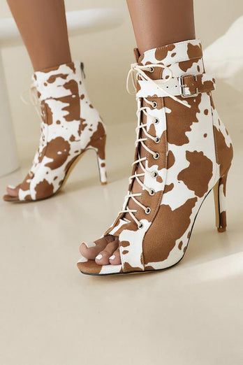 Leopard Lace-Up High Heel Ankle Boots