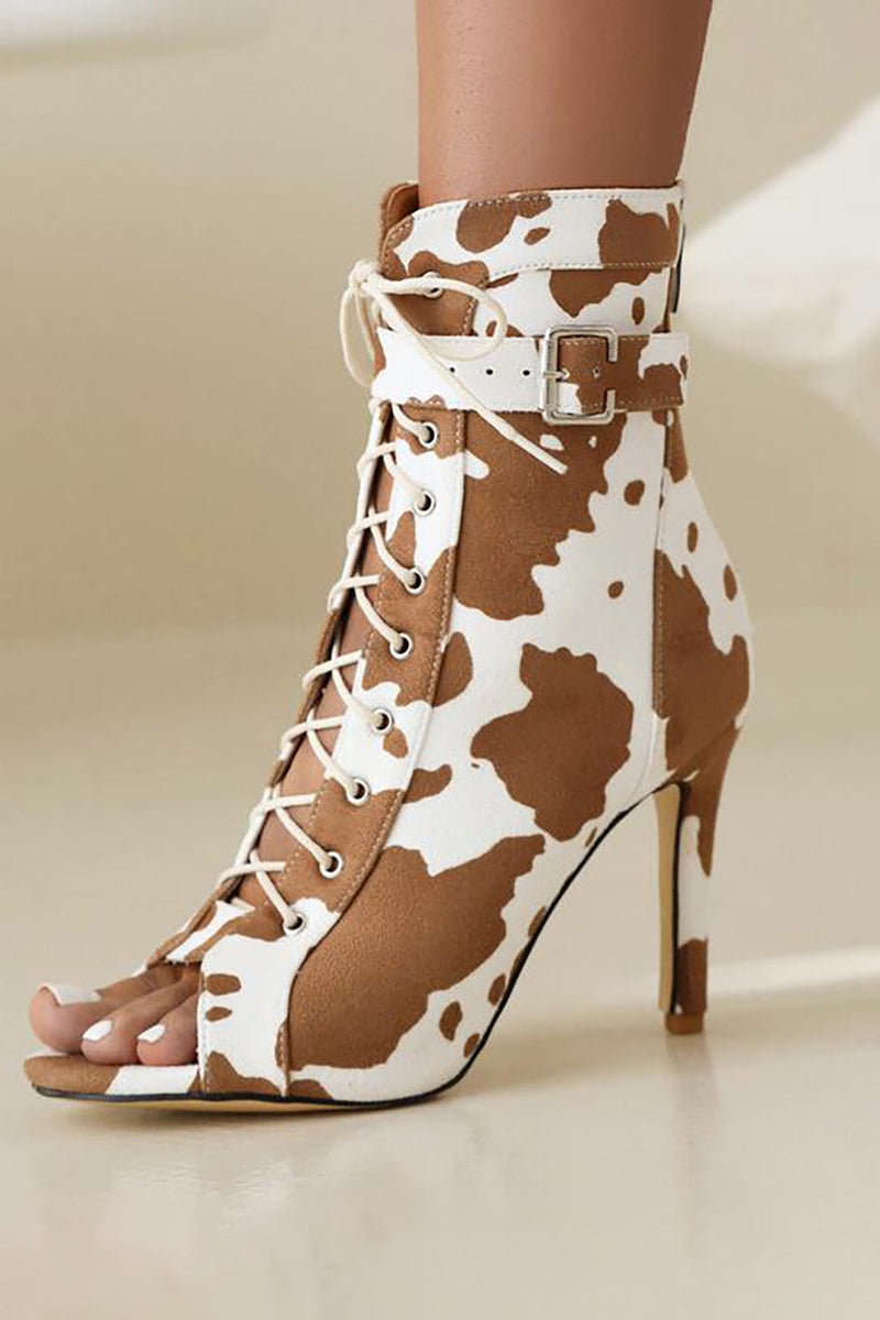 Load image into Gallery viewer, Leopard Lace-Up High Heel Ankle Boots