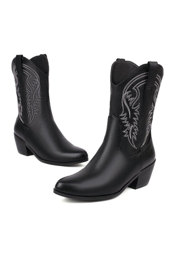 Black Embroidery Chunky Heel Poined Toe Boots