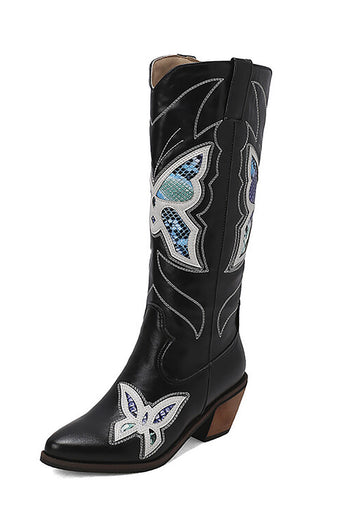 Black Stitched Chunky Heel Cowboy High Boots